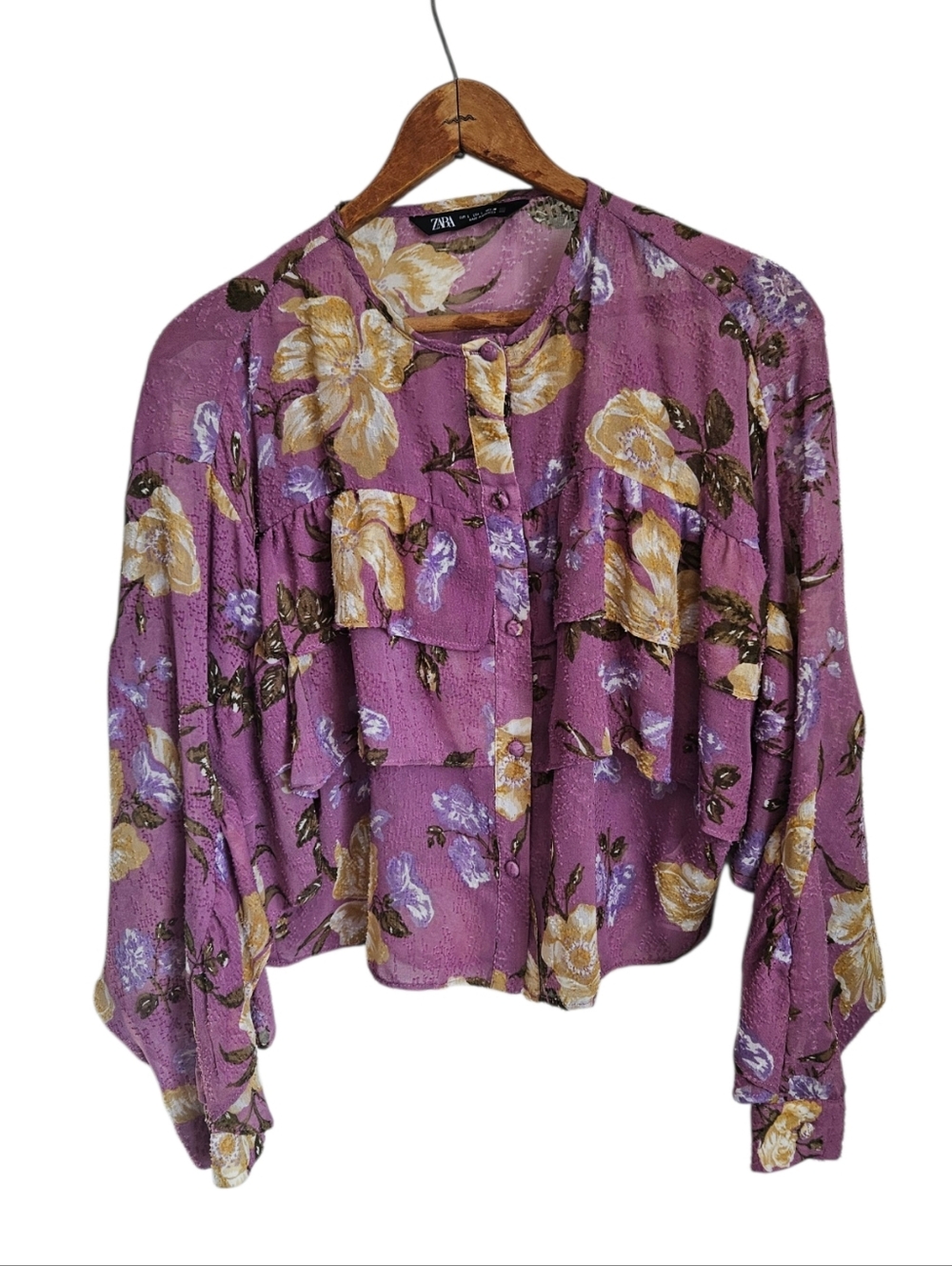 Zara Purple Floral Ruffle Textured Button-Up Poetic Blouse, Large